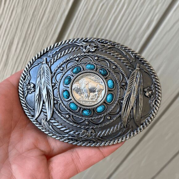 Buffalo Nickel Belt Buckle Turquoise Western Cowboy Rodeo Boho Style - Picture 1 of 6